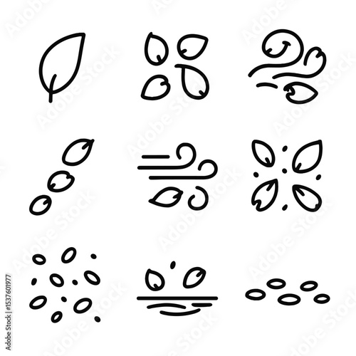 Falling Petal Icons. Outline icon set of falling petals: single falling petal, cluster of petals, swirling petals, petal trail,