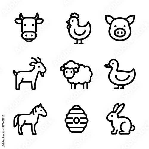 Farm Animal Icons. Outline icon set of farm animals: cow, chicken, pig, goat, sheep, duck, horse, bee hive, rabbit. Line icons