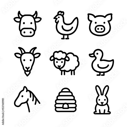 Farm Animal Icons. Outline icon set of farm animals: cow, chicken, pig, goat, sheep, duck, horse, bee hive, rabbit. Line icons