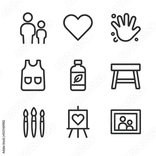 Family Painting Icons. Outline icon set of family painting activity: parent and child figures, heart motif, handprint splash,