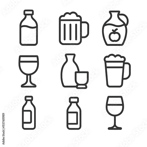 Fermented Drinks Icons. Outline icon set of fermented beverages: kombucha bottle, kvass mug, cider jug, mead goblet, sake cup,