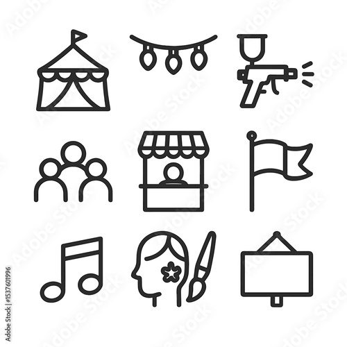 Festival Icon Set. Outline icon set of festival painting booth: carnival tent, string lights, spray paint gun, crowd silhouette,
