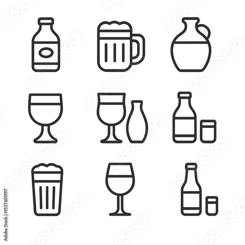 Fermented Drinks Icons. Outline icon set of fermented beverages: kombucha bottle, kvass mug, cider jug, mead goblet, sake cup,