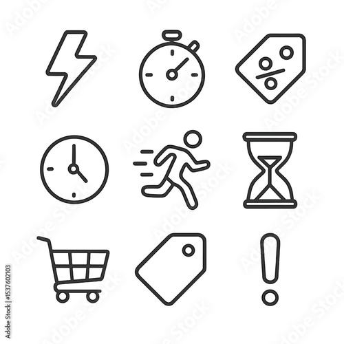 Flash Deal Icon Set. Outline icon set of flash deal alerts: lightning bolt, stopwatch, percentage tag, clock, running person,