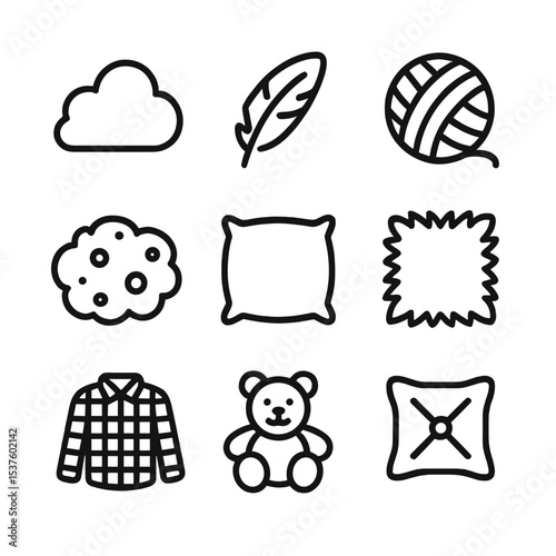 Fluffy Texture Icons. Outline icon set of fluffy textures: cloud, feather, wool ball, sponge, down pillow, faux fur patch, flannel