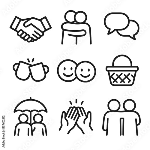 Friendship Icon Set. Outline icon set of friendship joy: handshake, hugging figures, chat bubbles, clinking coffee cups, smiling