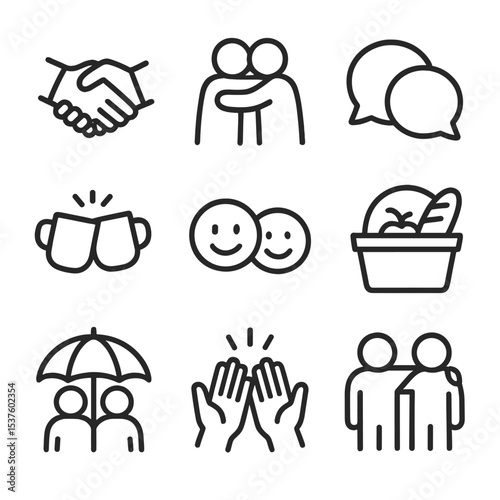 Friendship Icon Set. Outline icon set of friendship joy: handshake, hugging figures, chat bubbles, clinking coffee cups, smiling