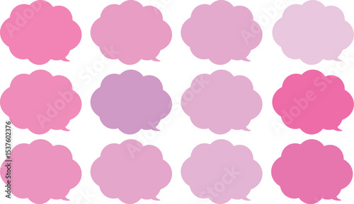 All the bubbles have a distinctive, rounded, cloud-like, or scalloped edge design. This vector image features twelve speech bubbles.