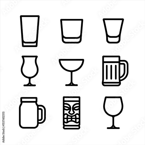Glassware Icon Set. Outline icon set of glassware types: highball glass, lowball glass, shot glass, hurricane glass, coupe glass,