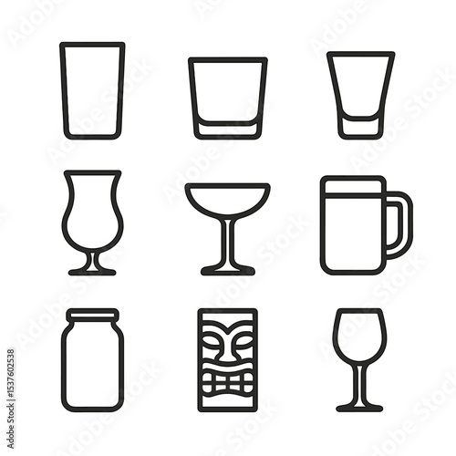 Glassware Icon Set. Outline icon set of glassware types: highball glass, lowball glass, shot glass, hurricane glass, coupe glass,