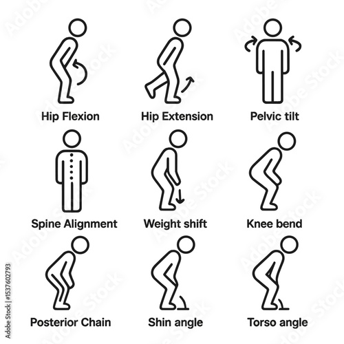 Hip Hinge Icons. Outline icon set of hip hinge mechanics: hip flexion, hip extension, pelvic tilt, spine alignment, weight shift,