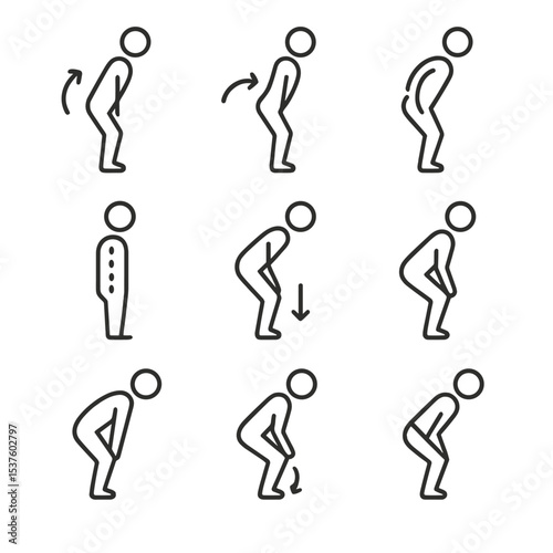Hip Hinge Icons. Outline icon set of hip hinge mechanics: hip flexion, hip extension, pelvic tilt, spine alignment, weight shift,