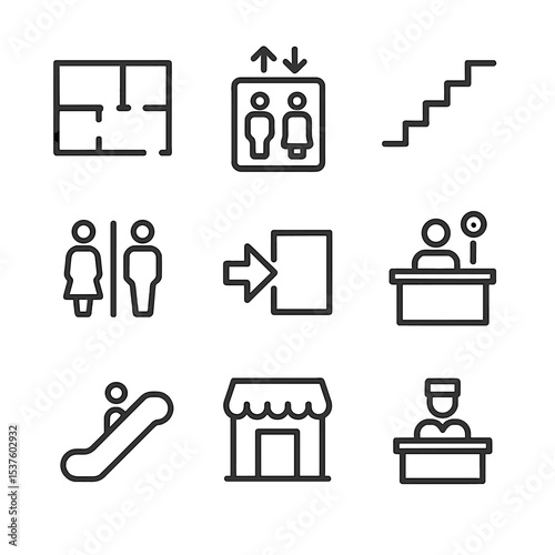Indoor Mapping Icons. Outline icon set of indoor mapping: floor plan layout, elevator icon, stair outline, restroom sign, exit