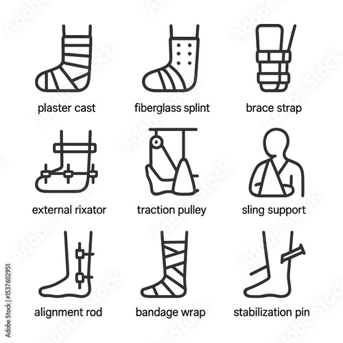 Immobilization Techniques Icons. Outline icon set of immobilization techniques: plaster cast, fiberglass splint, brace strap,