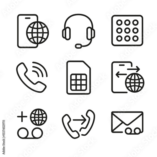 International Phone Icons. Outline icon set of international phone communication: smartphone globe, VoIP headset, dial pad, call