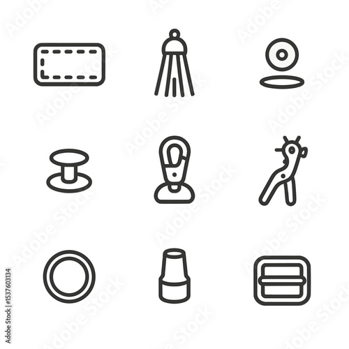 Leather Craft Icon Set. Outline icon set of leather scrap statement pieces: leather strip, fringe tassel, snap stud, rivet, swivel