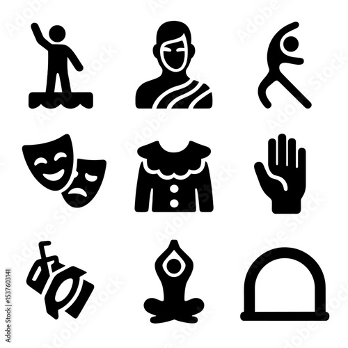 Performance Art Icons. Solid, filled icons set of performance art and embodied identity: stage figure, body
