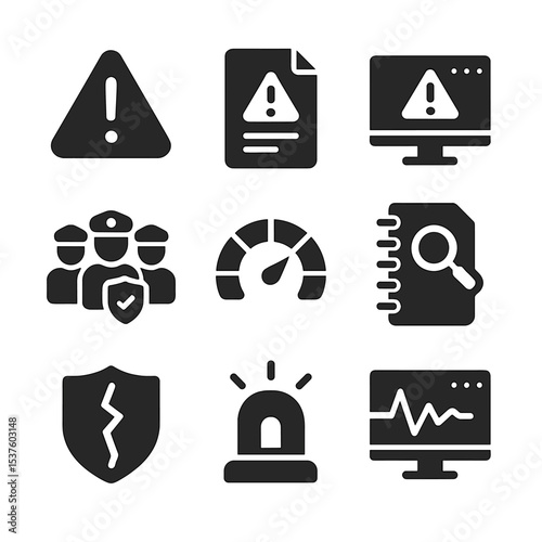 Cybersecurity Icons Grid. Solid, filled icons set of threat detection and response: warning triangle, incident