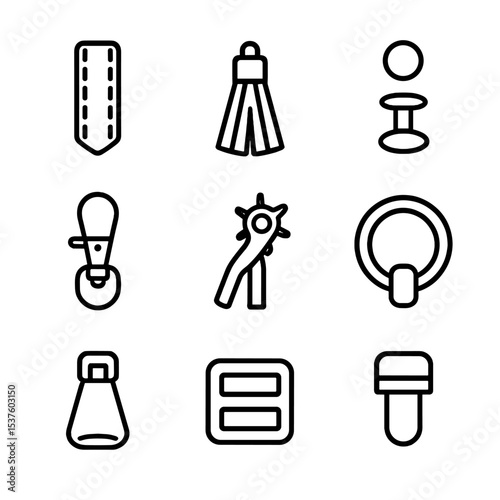 Leather Craft Icon Set. Outline icon set of leather scrap statement pieces: leather strip, fringe tassel, snap stud, rivet, swivel
