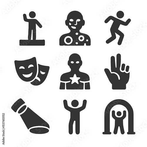 Performance Art Icons. Solid, filled icons set of performance art and embodied identity: stage figure, body