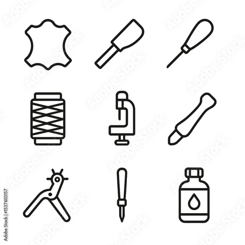 Leathercraft Tools Icons. Outline icon set of leathercraft supplies: leather hide, cutting knife, stitching awl, thread spool,