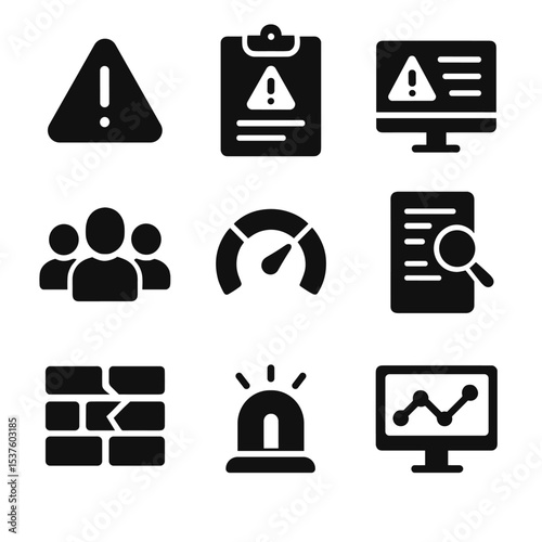 Cybersecurity Icons Grid. Solid, filled icons set of threat detection and response: warning triangle, incident