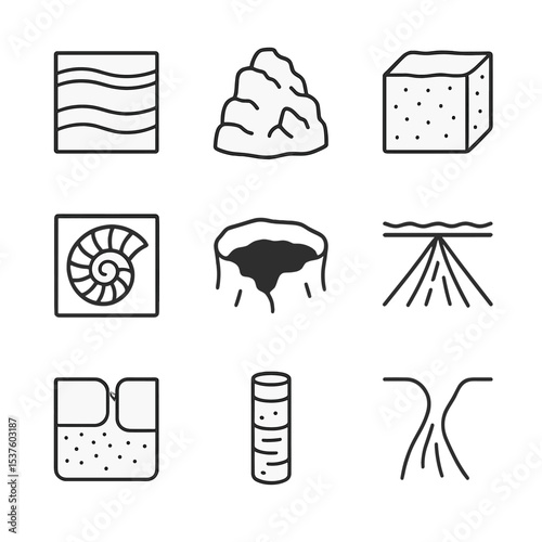 Lowland Geology Icons. Outline icon set of lowland geological features: sediment layers, limestone outcrop, clay deposit, fossil