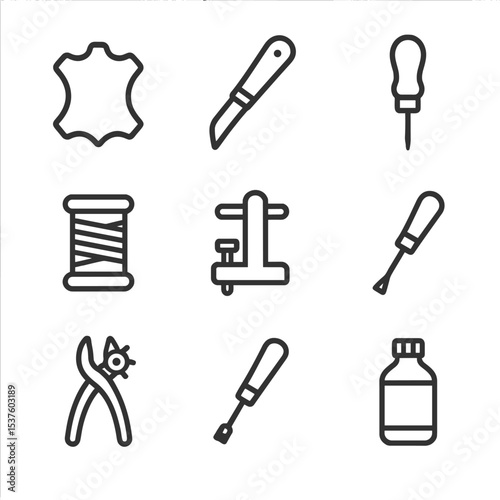 Leathercraft Tools Icons. Outline icon set of leathercraft supplies: leather hide, cutting knife, stitching awl, thread spool,
