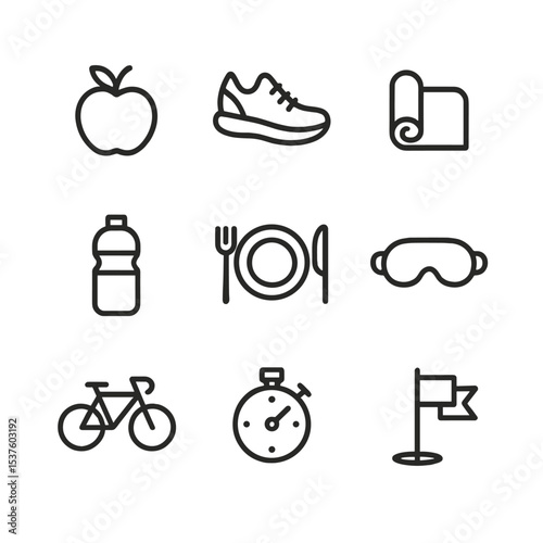 Lifestyle Icon Set. Outline icon set of lifestyle counseling: apple, running shoe, yoga mat, water bottle, meal plate, sleep mask,