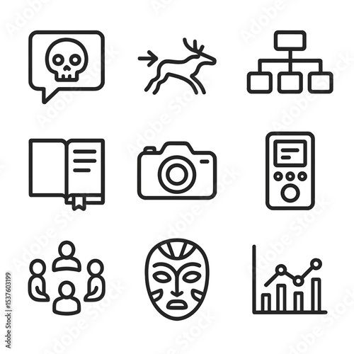 Linguistic Anthropology Icons. Outline icon set of linguistic anthropology: speech bubble with skull icon, cave painting glyph,