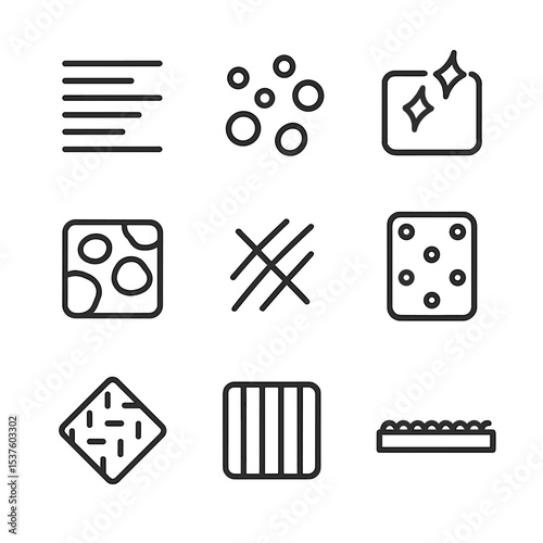 Metal Surface Icon Set. Outline icon set of metal surface finishes: brushed metal lines, rust spots, polished reflection, hammered