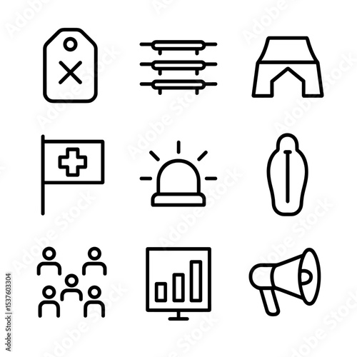 Mass Response Icons. Outline icon set of mass casualty incident management: casualty tag, stretchers row, command post, red cross