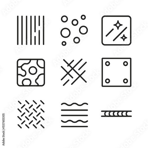 Metal Surface Icon Set. Outline icon set of metal surface finishes: brushed metal lines, rust spots, polished reflection, hammered