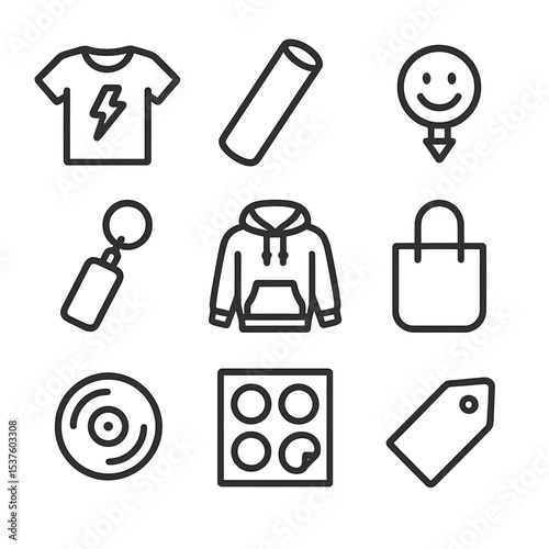 Merch Booth Icons. Outline icon set of merchandise booth items: band T-shirt, poster roll, enamel pin, keychain, hoodie, tote bag,