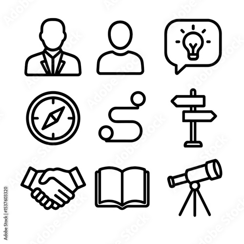 Mentorship Icons Grid. Outline icon set of mentorship and guidance: mentor silhouette, mentee silhouette, speech bubble with light