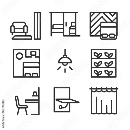 Micro-Apartment Zoning Icons. Outline icon set of micro-apartment zoning: living-sleeping partition, sliding door, area rug