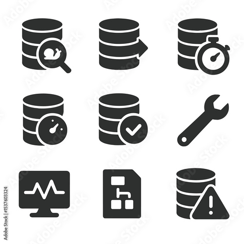 Database Performance Icons. Solid, filled icons set of database performance tuning: slow query, index hint,