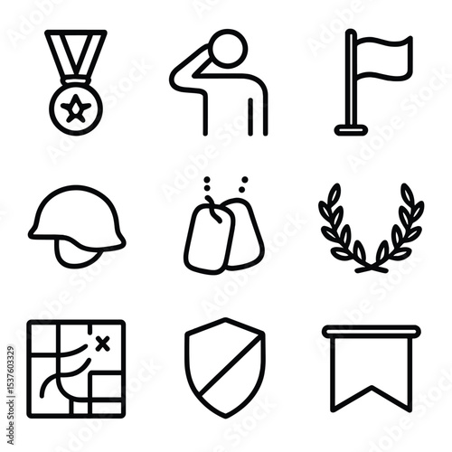 Military Icon Set. Outline icon set of military unit mission success: medal ribbon, salute silhouette, flag raised, helmet icon,