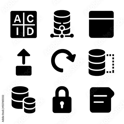 Data Consistency Icons. Solid, filled icons set of data consistency and retrieval: ACID symbol, consistency