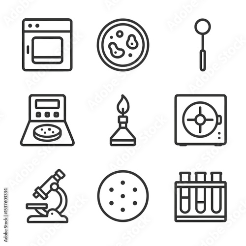 Microbiology Icon Set. Outline icon set of microbiology culture methods: incubator, agar-filled Petri dish, inoculation loop,