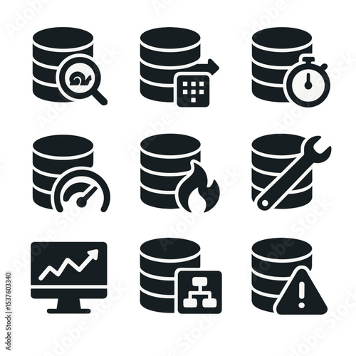 Database Performance Icons. Solid, filled icons set of database performance tuning: slow query, index hint,