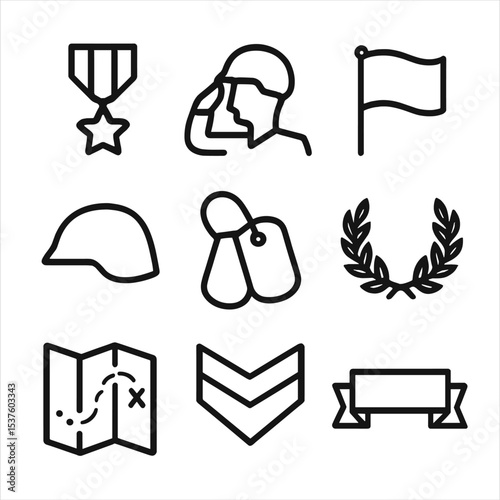 Military Icon Set. Outline icon set of military unit mission success: medal ribbon, salute silhouette, flag raised, helmet icon,