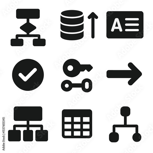 Database Design Icons. Solid, filled icons set of database design principles: ER diagram, normalization level,