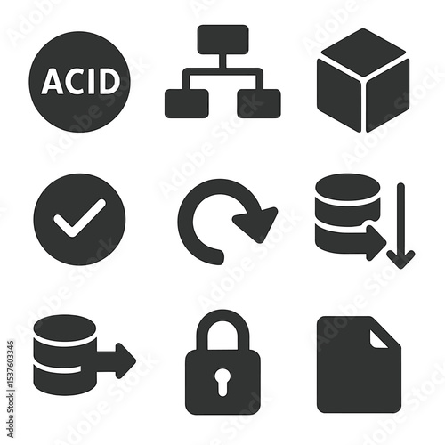 Data Consistency Icons. Solid, filled icons set of data consistency and retrieval: ACID symbol, consistency