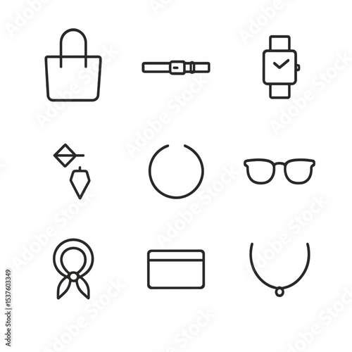 Minimal Accessories Icons. Outline icon set of minimal accessories: leather tote, slim belt, square watch face, geometric stud