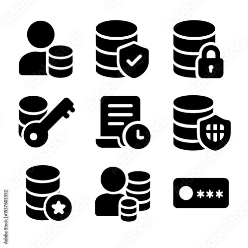 Database Security Icons. Solid, filled icons set of database security and access: user role, access grant,