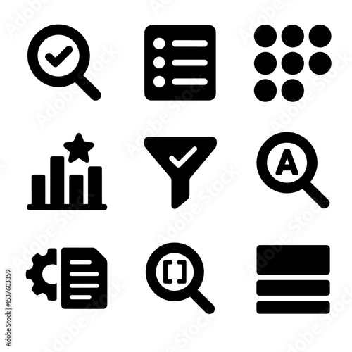 Text Indexing Icons Grid. Solid, filled icons set of full-text indexing: search index, inverted list, token