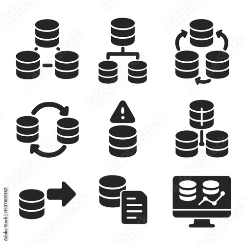 Database Icon Set. Solid, filled icons set of database clustering and replication: node group, master-slave