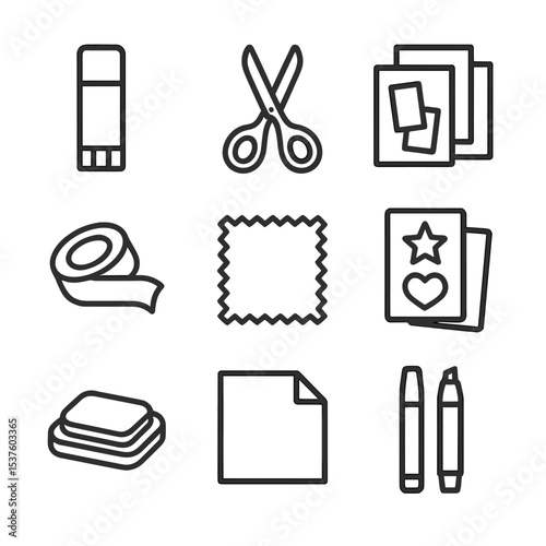 Mixed Media Icons. Outline icon set of mixed media materials: glue stick, scissors, collage paper, washi tape, fabric swatch,