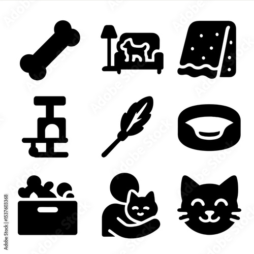 Pet Playtime Icons. Solid, filled icons set of indoor fun with pets: chew toy, living room play, soft blanket,